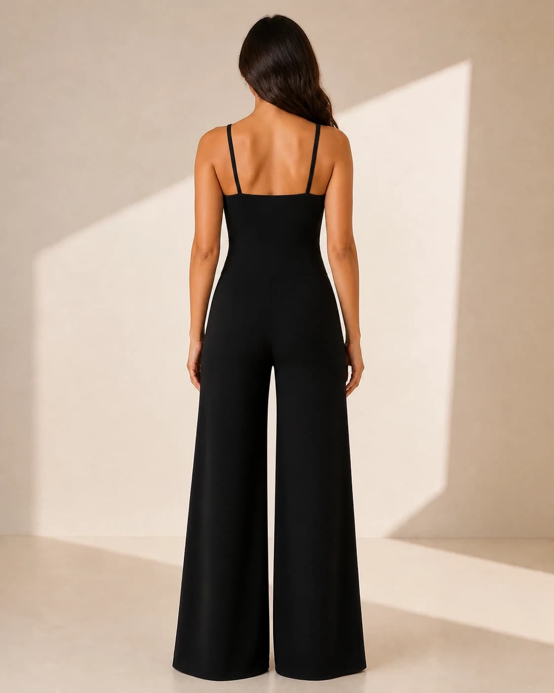 Jumpsuit negro escote cuadrado palazzo, vista de espalda en modelo
