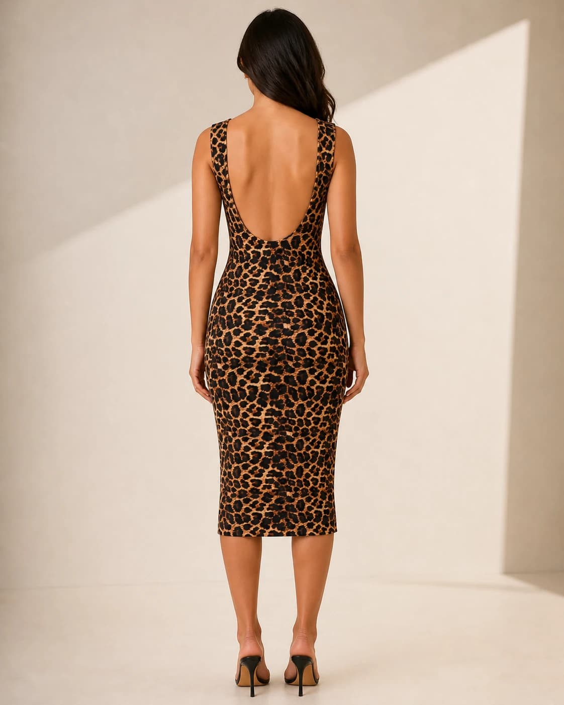 Vestido leopardo bodycon panel malla espalda, vista de espalda en modelo
