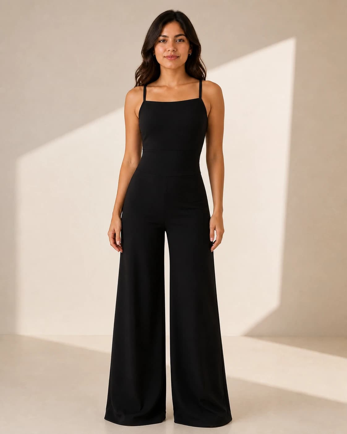 Jumpsuit escote cuadrado palazzo, color Negro, vista frontal