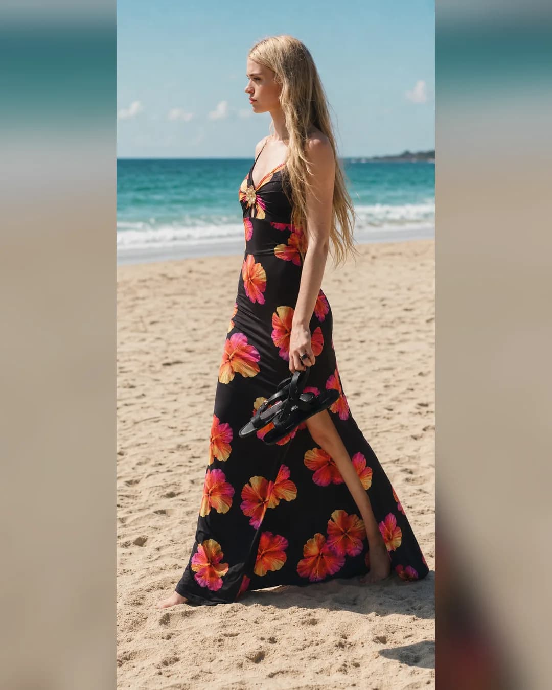 Vestido negro flores de hibisco
